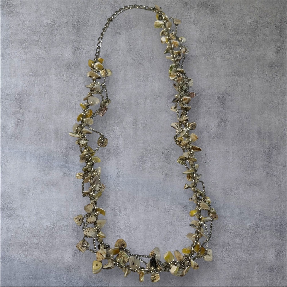 Express 36" Shell‎ Statement Necklace Multi Strand Silver Tone Chain Beach Boho